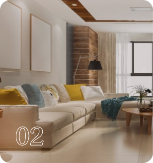 modern living room with a beige sofa, colorful pillows, and wooden accents