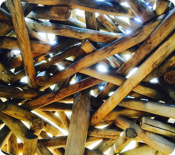 close-up of intersecting wooden beams, creating an intricate and natural structure