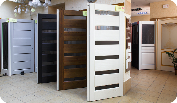 display of various modern entry doors in different colors and designs