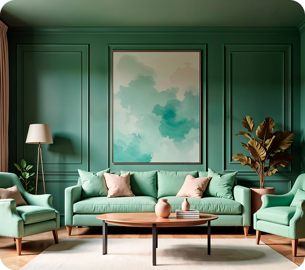 cozy living room with green walls featuring detailed molding around the edges.