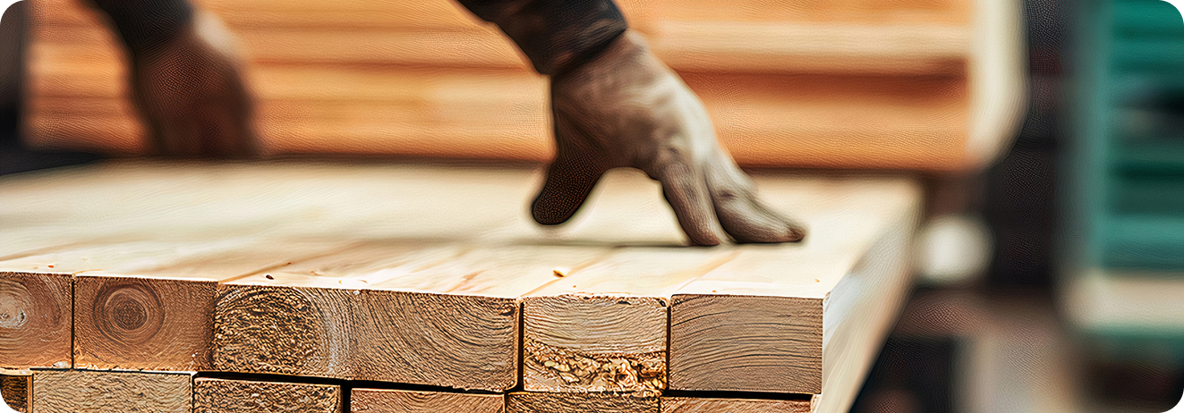 A close-up of a person wearing gloves, arranging stacked wooden planks on a table.