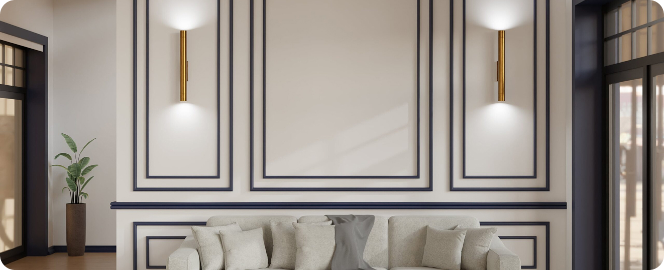 A modern living room with elegant wall paneling, soft lighting, and a comfortable sofa.